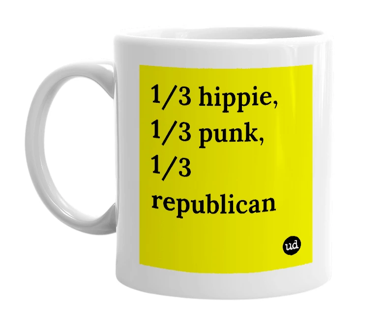 White mug with '1/3 hippie, 1/3 punk, 1/3 republican' in bold black letters