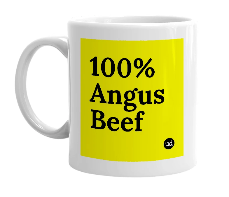 White mug with '100% Angus Beef' in bold black letters