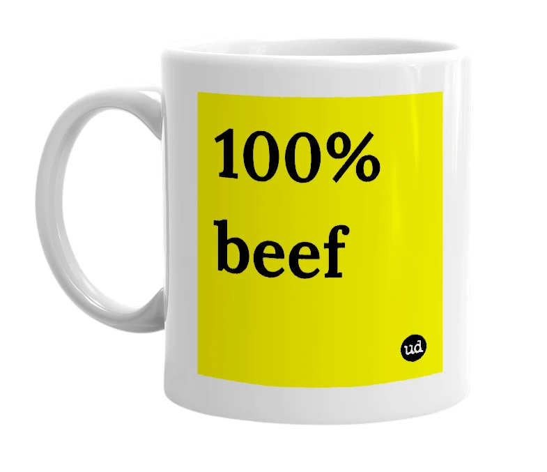 White mug with '100% beef' in bold black letters
