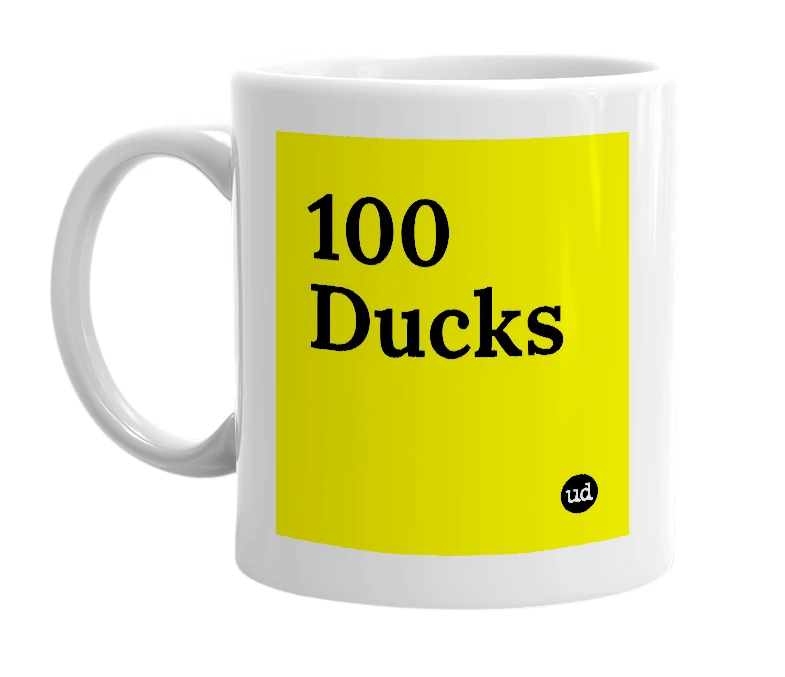 White mug with '100 Ducks' in bold black letters