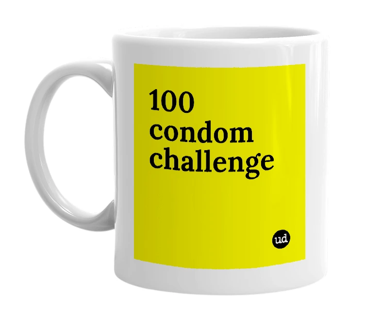White mug with '100 condom challenge' in bold black letters