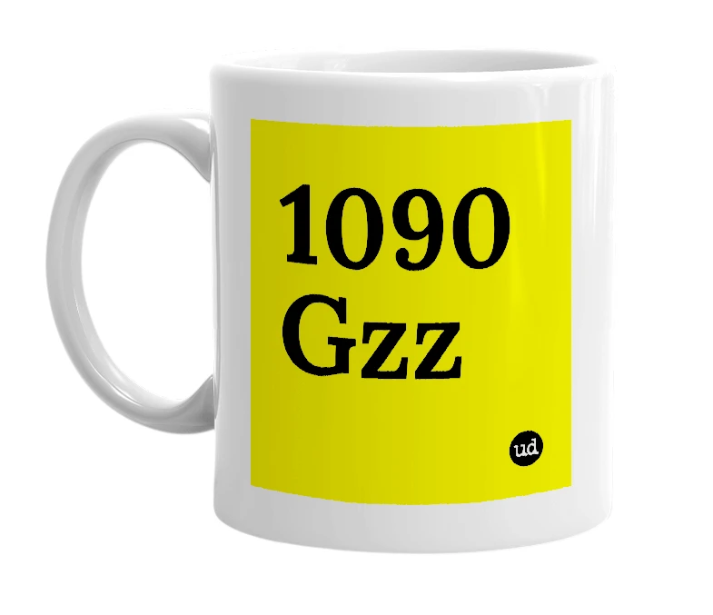 White mug with '1090 Gzz' in bold black letters