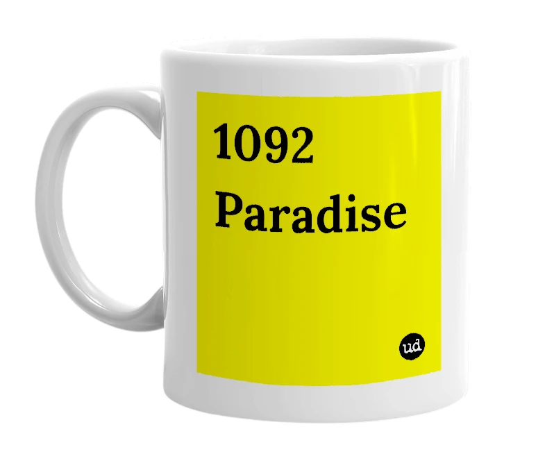White mug with '1092 Paradise' in bold black letters