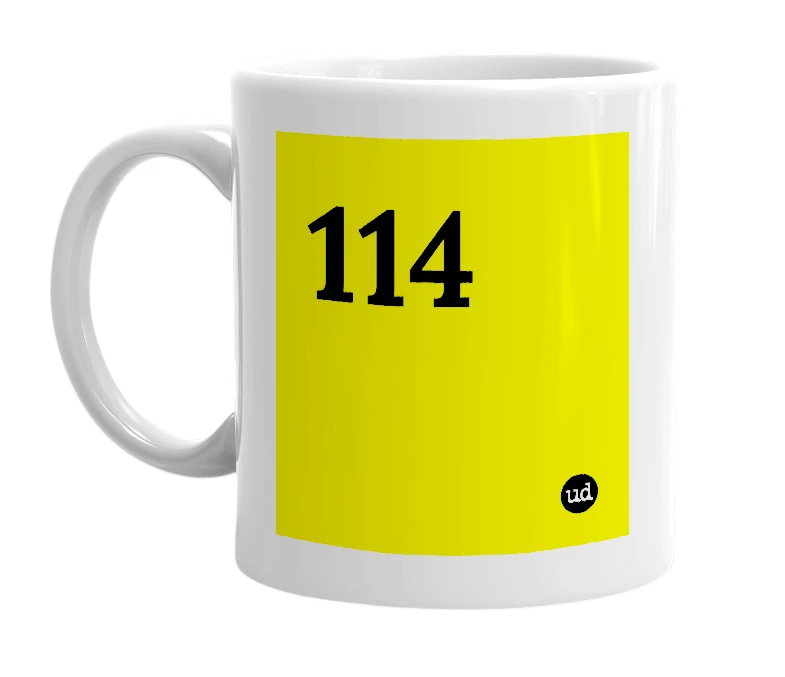 White mug with '114' in bold black letters