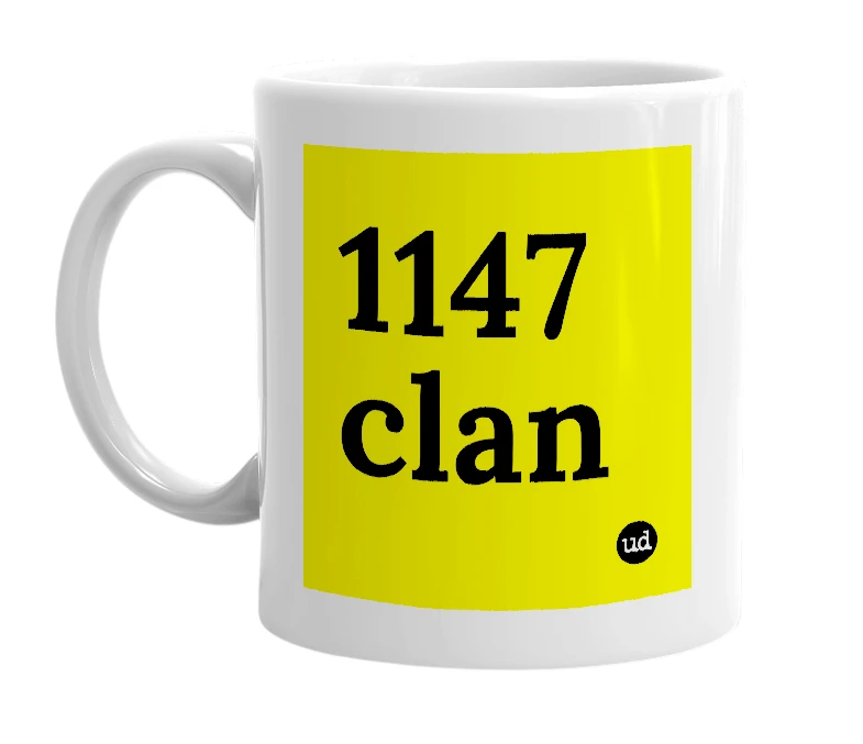 White mug with '1147 clan' in bold black letters