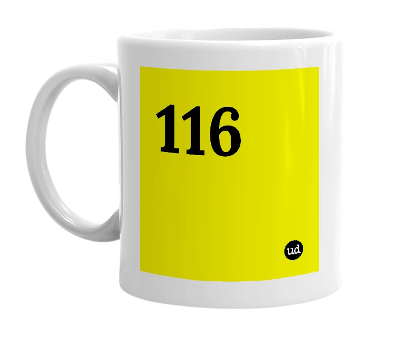 White mug with '116' in bold black letters