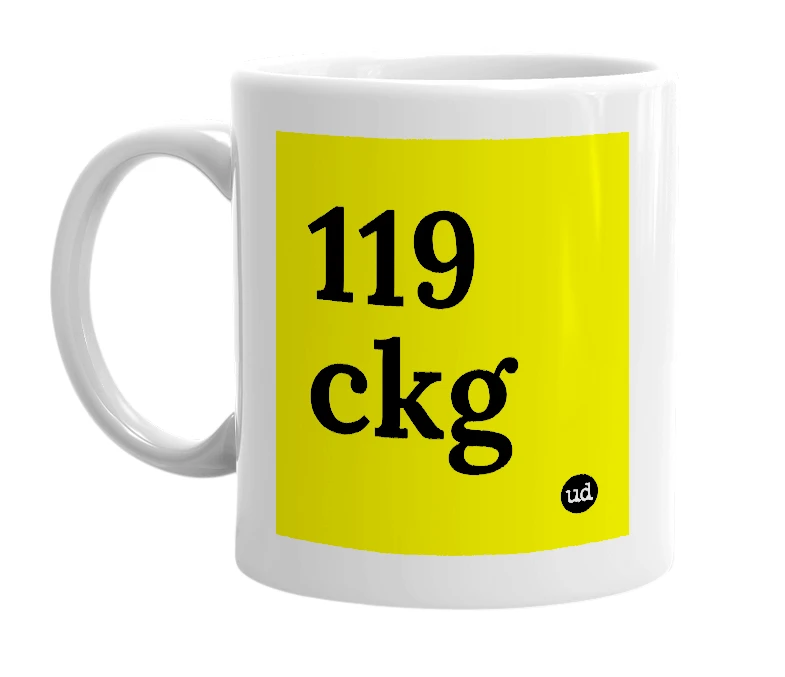 White mug with '119 ckg' in bold black letters