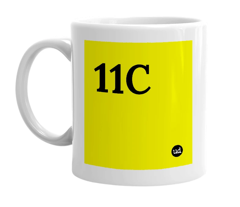 White mug with '11C' in bold black letters
