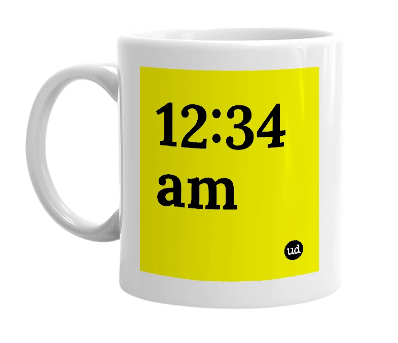 White mug with '12:34 am' in bold black letters