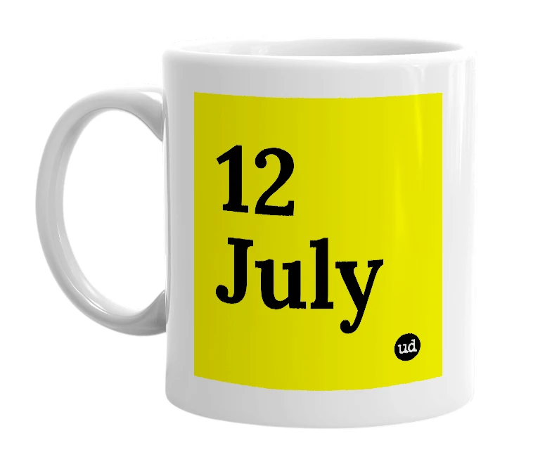White mug with '12 July' in bold black letters