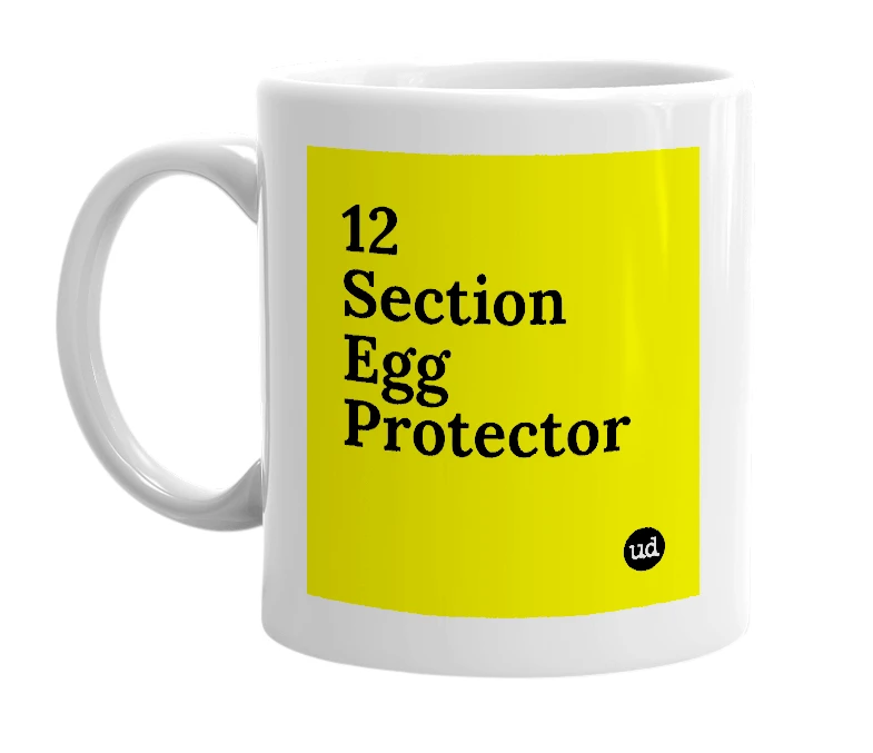 White mug with '12 Section Egg Protector' in bold black letters