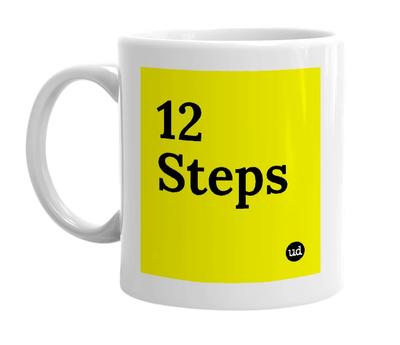 White mug with '12 Steps' in bold black letters