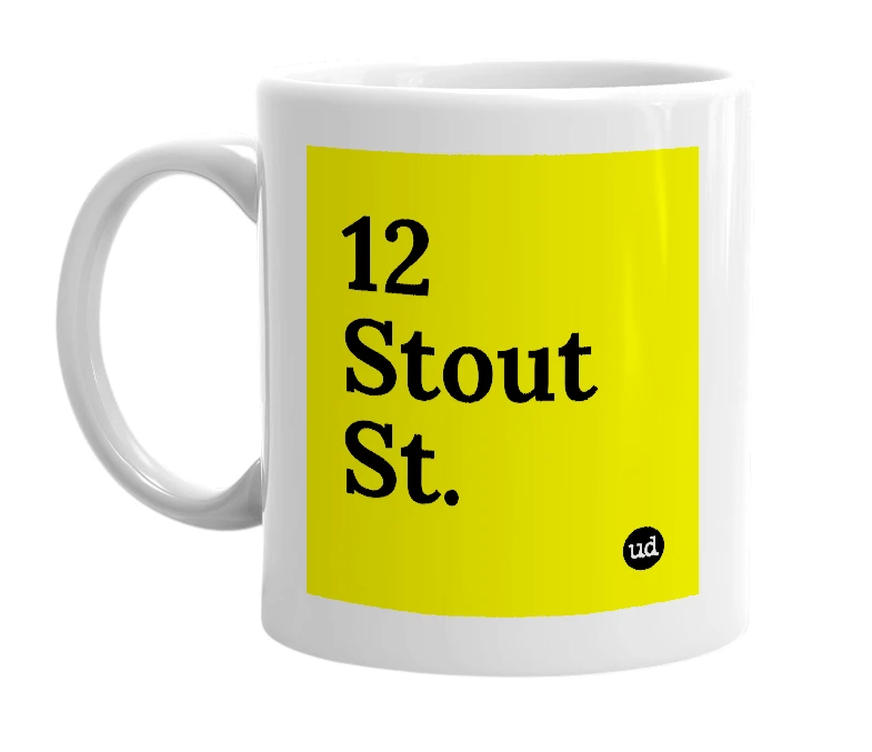 White mug with '12 Stout St.' in bold black letters