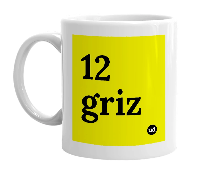 White mug with '12 griz' in bold black letters