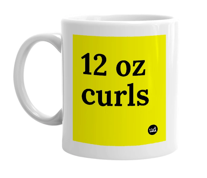 White mug with '12 oz curls' in bold black letters