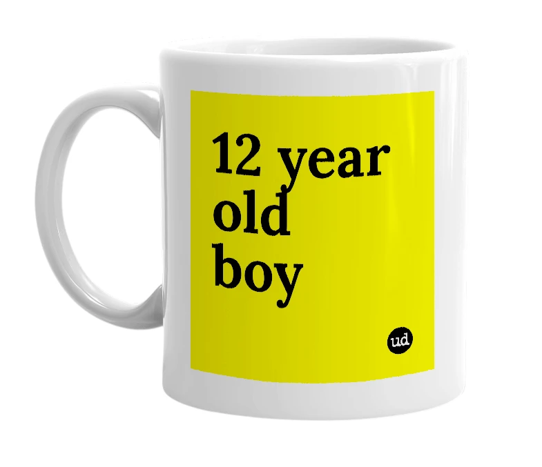 White mug with '12 year old boy' in bold black letters