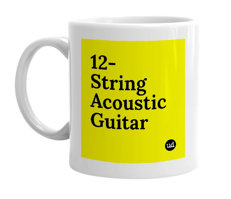 White mug with '12-String Acoustic Guitar' in bold black letters