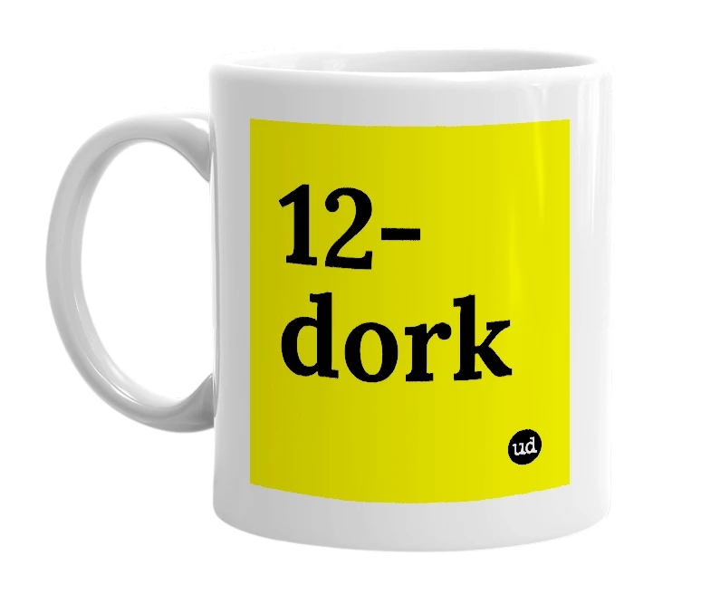 White mug with '12-dork' in bold black letters