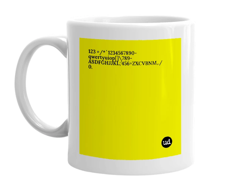 White mug with '123 =/*`1234567890-qwertyuiop[]\789-ASDFGHJJKL;'456+ZXCVBNM,./0.' in bold black letters