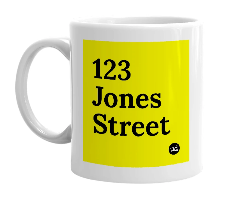 White mug with '123 Jones Street' in bold black letters