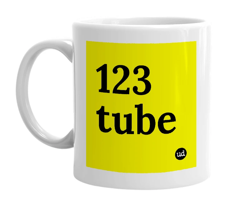 White mug with '123 tube' in bold black letters