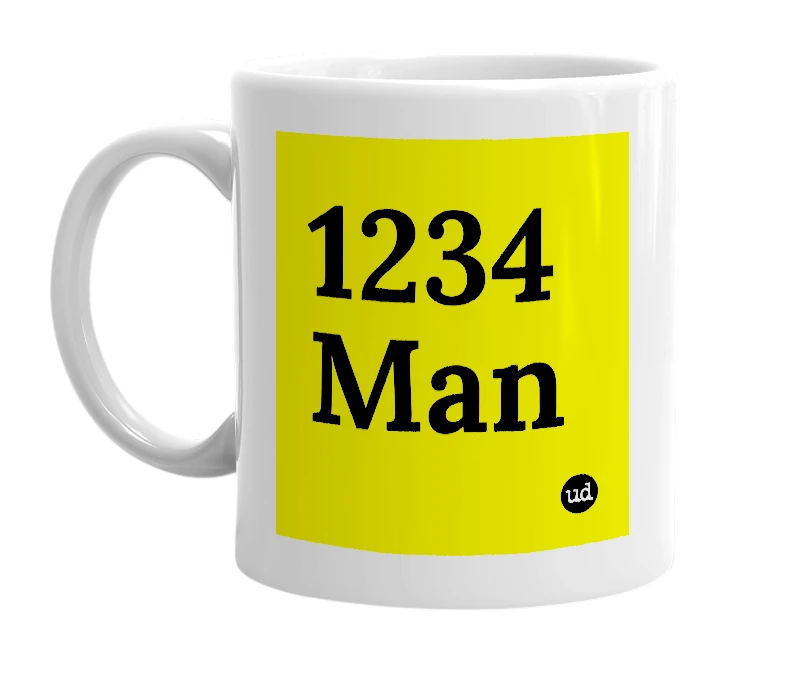 White mug with '1234 Man' in bold black letters