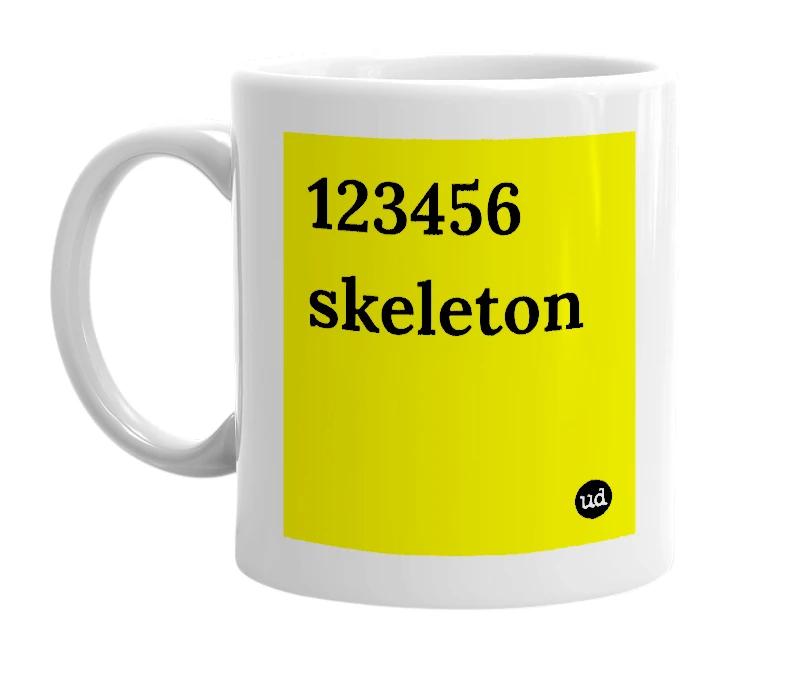 White mug with '123456 skeleton' in bold black letters