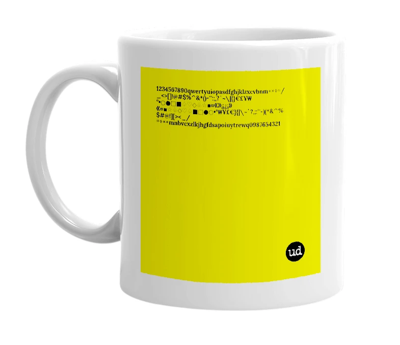 White mug with '1234567890qwertyuiopasdfghjklzxcvbnm+×÷=/_<>[]!@#$%^&*()-'":;,?`~\|{}€£¥₩°•○●□■♤♡◇♧☆▪¤《》¡¡¿¡》《¤▪☆♧◇♡♤■□●○•°₩¥£€}{|\~`?,;:"'-)(*&^%$#@!][><_/=÷×+mnbvcxzlkjhgfdsapoiuytrewq0987654321' in bold black letters