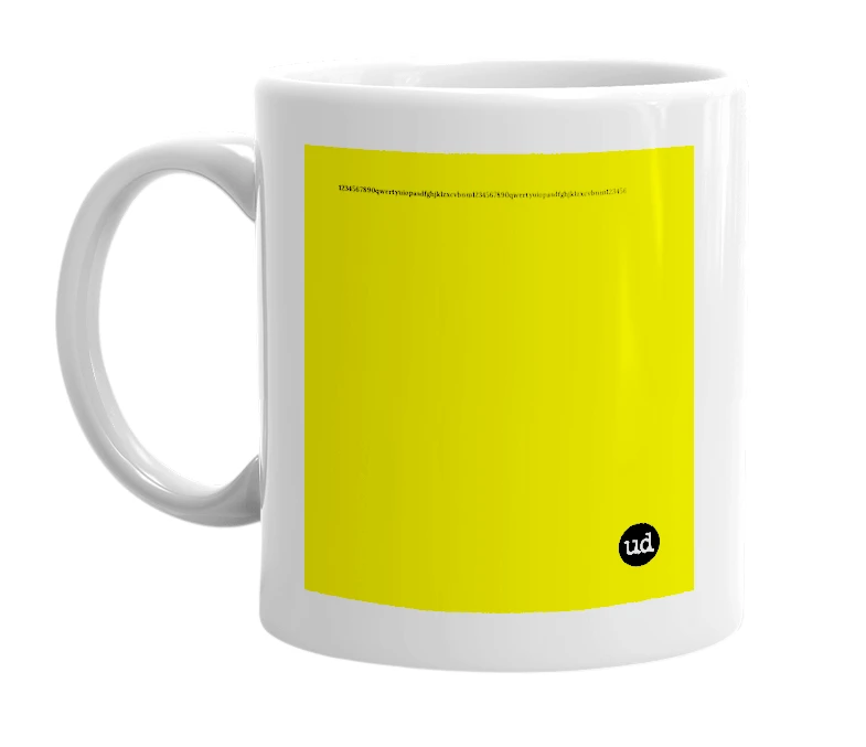 White mug with '1234567890qwertyuiopasdfghjklzxcvbnm1234567890qwertyuiopasdfghjklzxcvbnm1234567890qwertyuiopasdfghjklzxcvbnm' in bold black letters