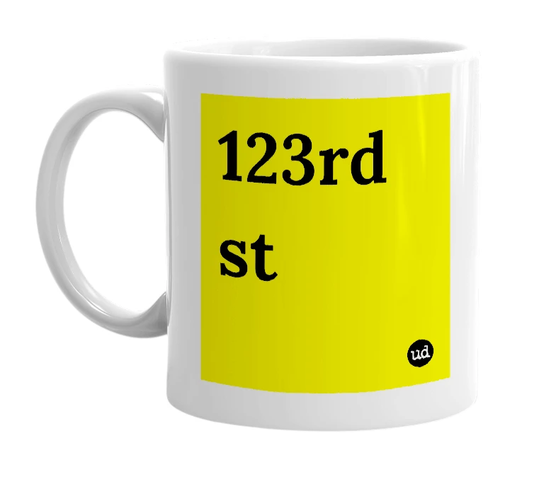 White mug with '123rd st' in bold black letters
