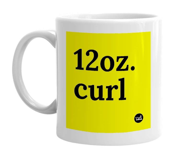 White mug with '12oz. curl' in bold black letters
