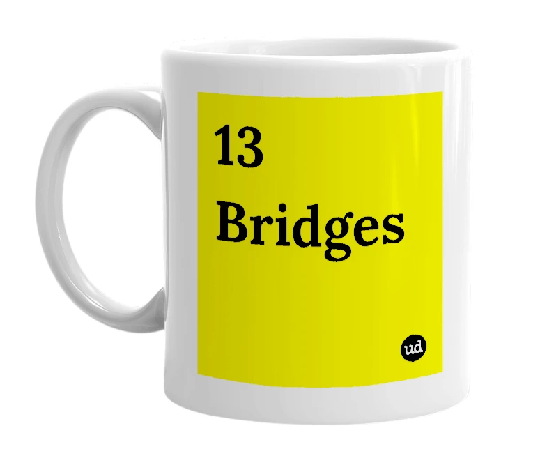 White mug with '13 Bridges' in bold black letters