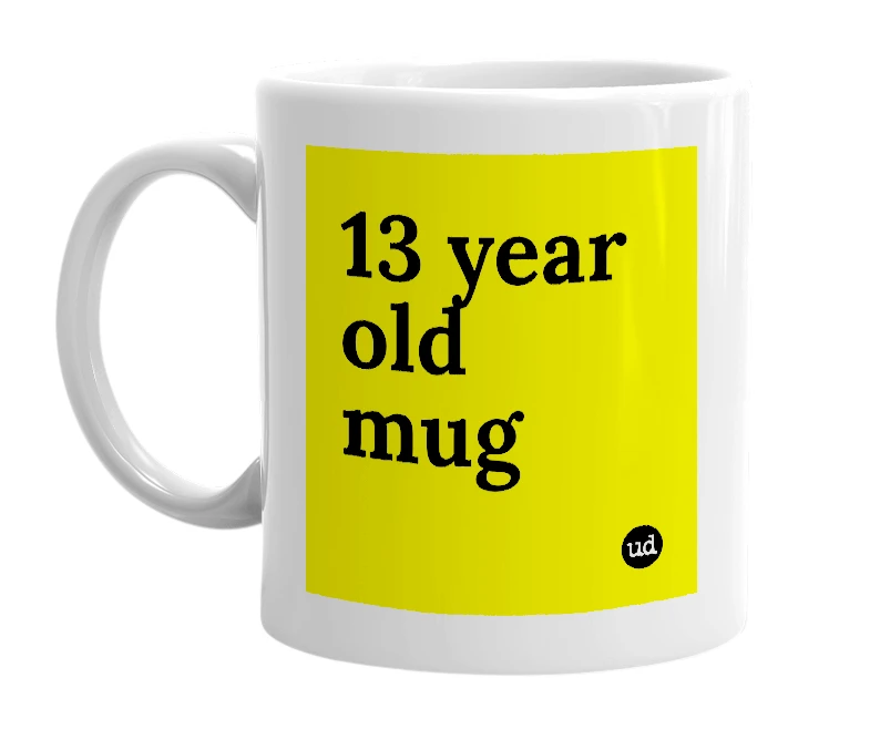 White mug with '13 year old mug' in bold black letters