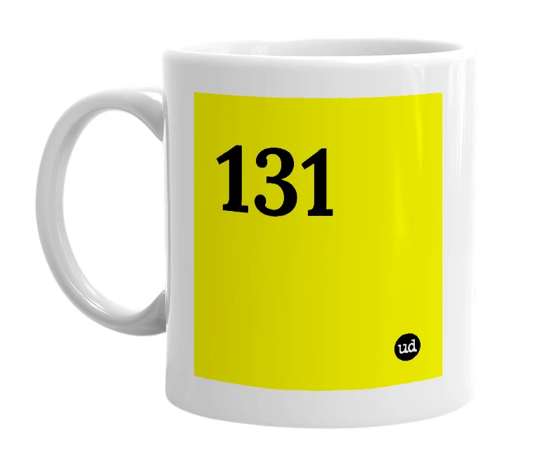 White mug with '131' in bold black letters