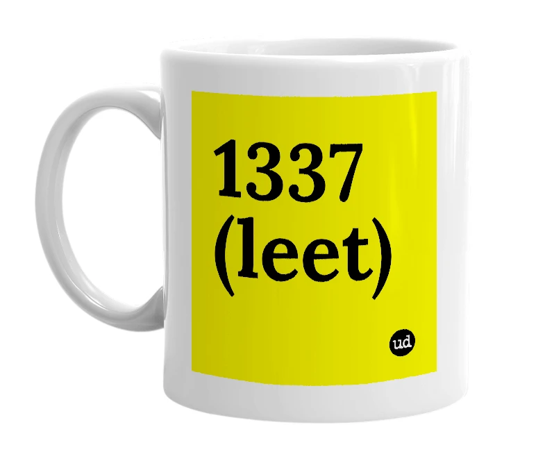 White mug with '1337 (leet)' in bold black letters