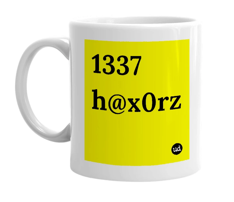 White mug with '1337 h@x0rz' in bold black letters