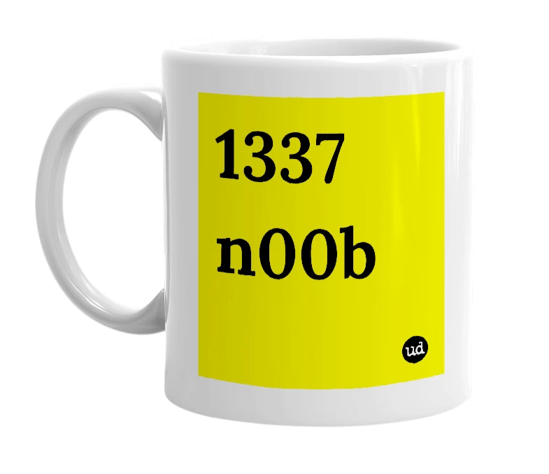 White mug with '1337 n00b' in bold black letters