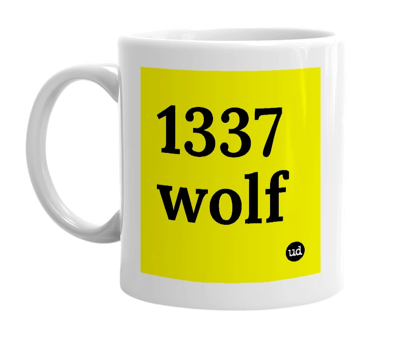 White mug with '1337 wolf' in bold black letters