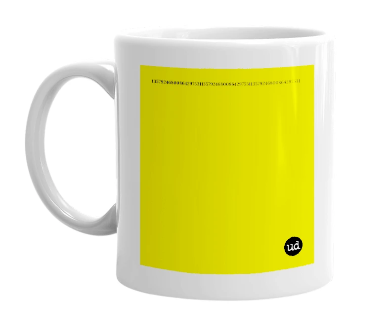 White mug with '135792468008642975311357924680086429753113579246800864297531' in bold black letters
