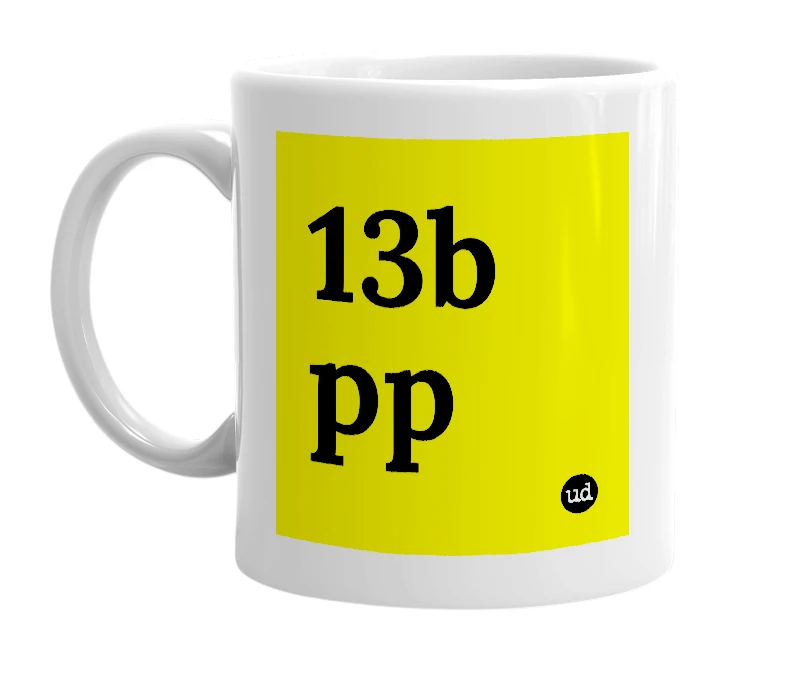 White mug with '13b pp' in bold black letters