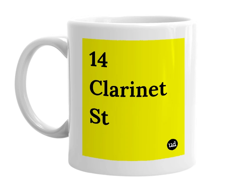 White mug with '14 Clarinet St' in bold black letters