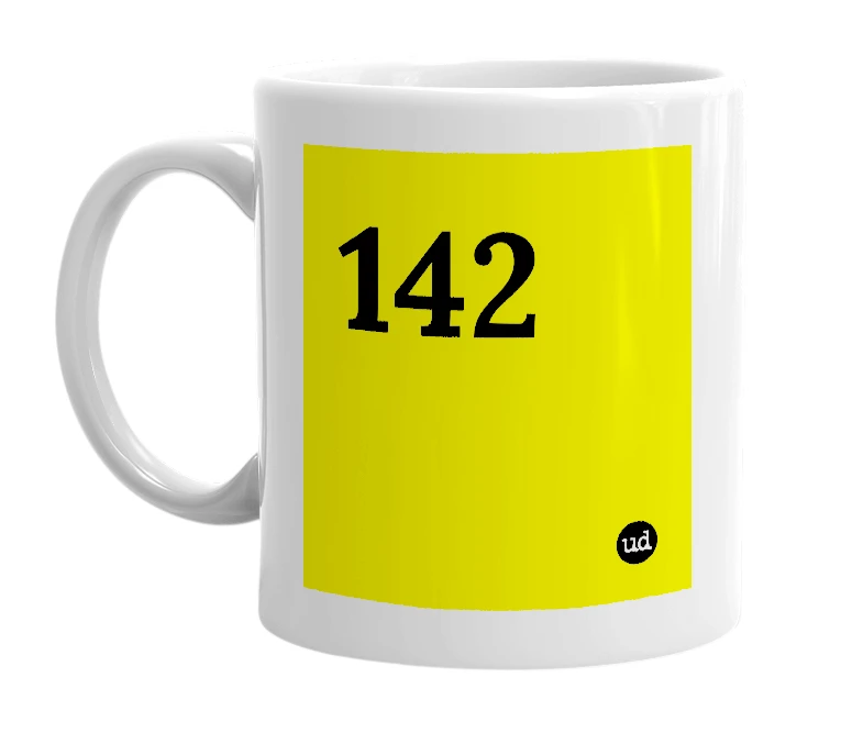 White mug with '142' in bold black letters