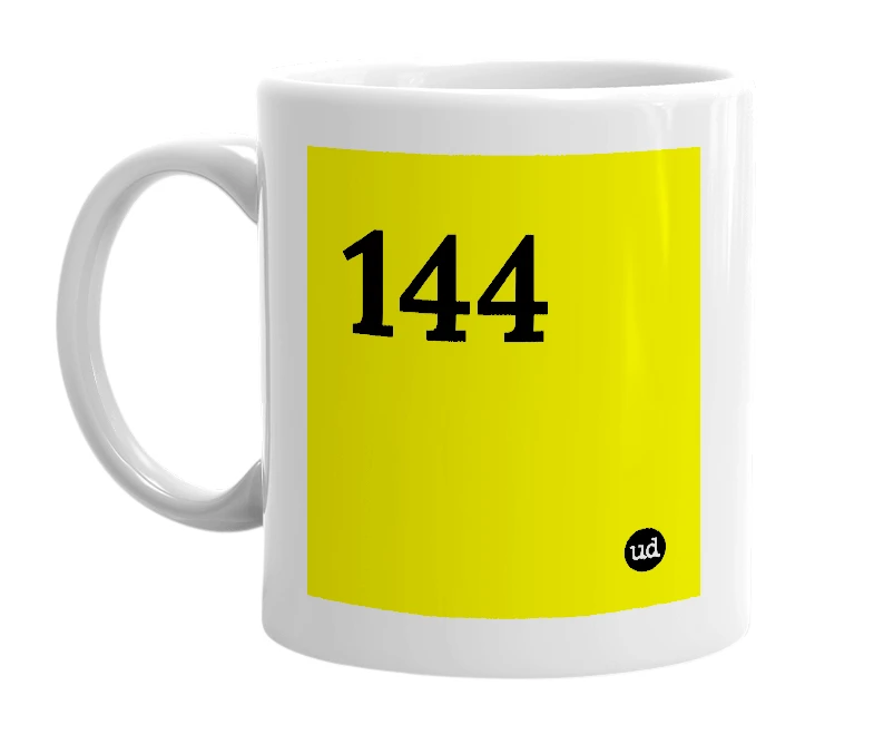 White mug with '144' in bold black letters