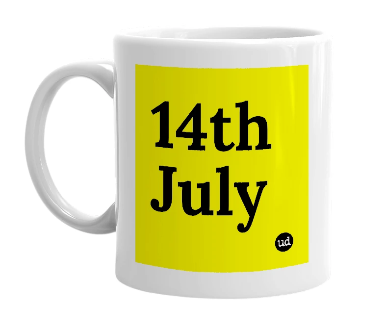 White mug with '14th July' in bold black letters