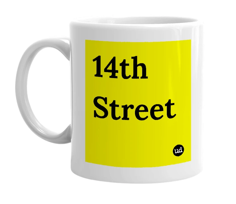 White mug with '14th Street' in bold black letters