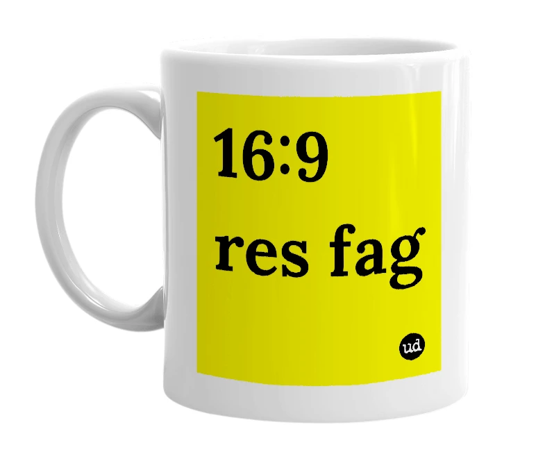 White mug with '16:9 res fag' in bold black letters