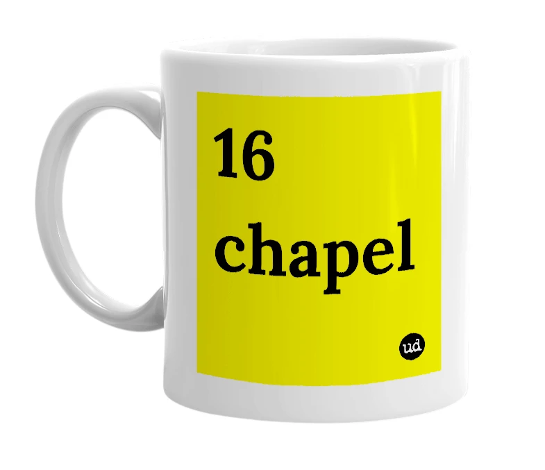 White mug with '16 chapel' in bold black letters