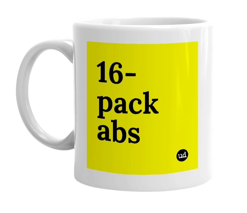 White mug with '16-pack abs' in bold black letters