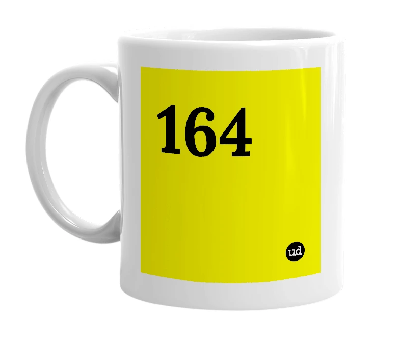 White mug with '164' in bold black letters