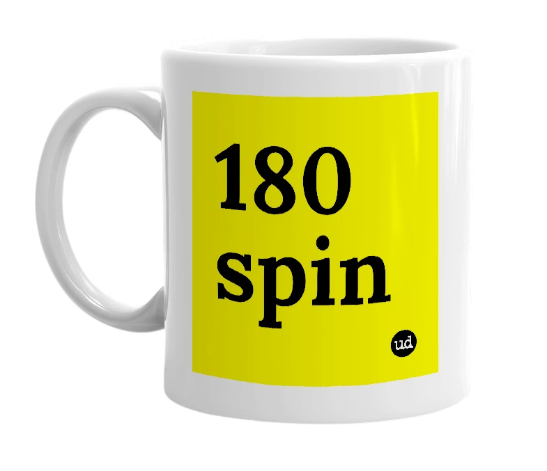 White mug with '180 spin' in bold black letters